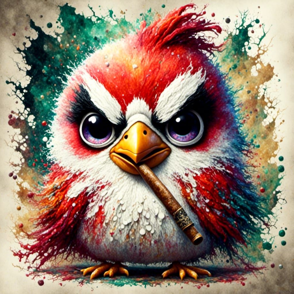 Chibi Angry Bird Smoking Cigar in Watercolor