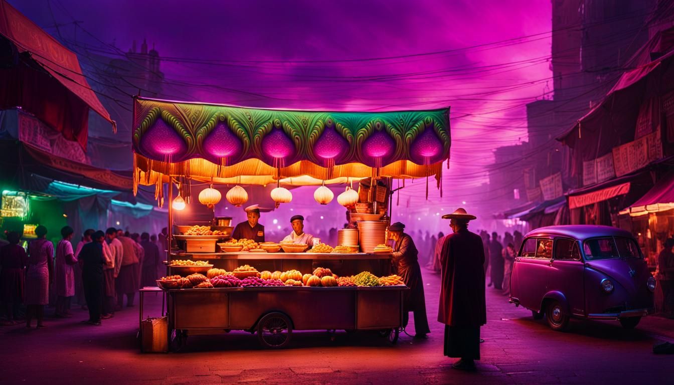 Surreal Streetfood Vendor in Dreamlike Neon Scene