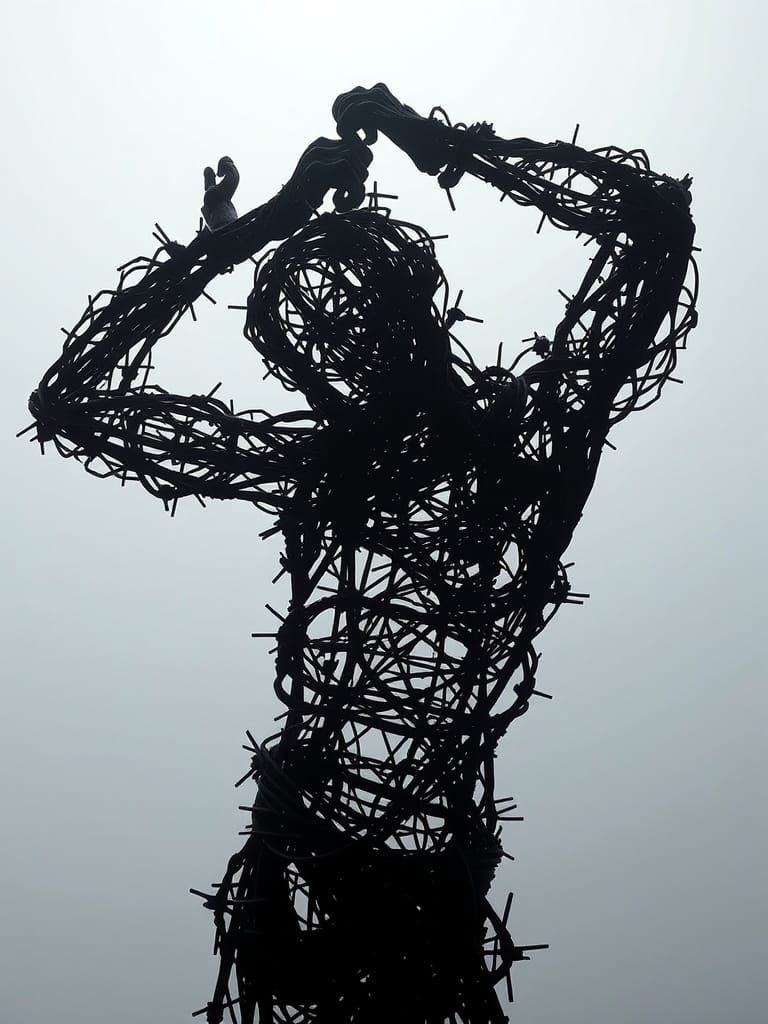 Distorted Wire Figure: Haunting Monochrome Sculpture