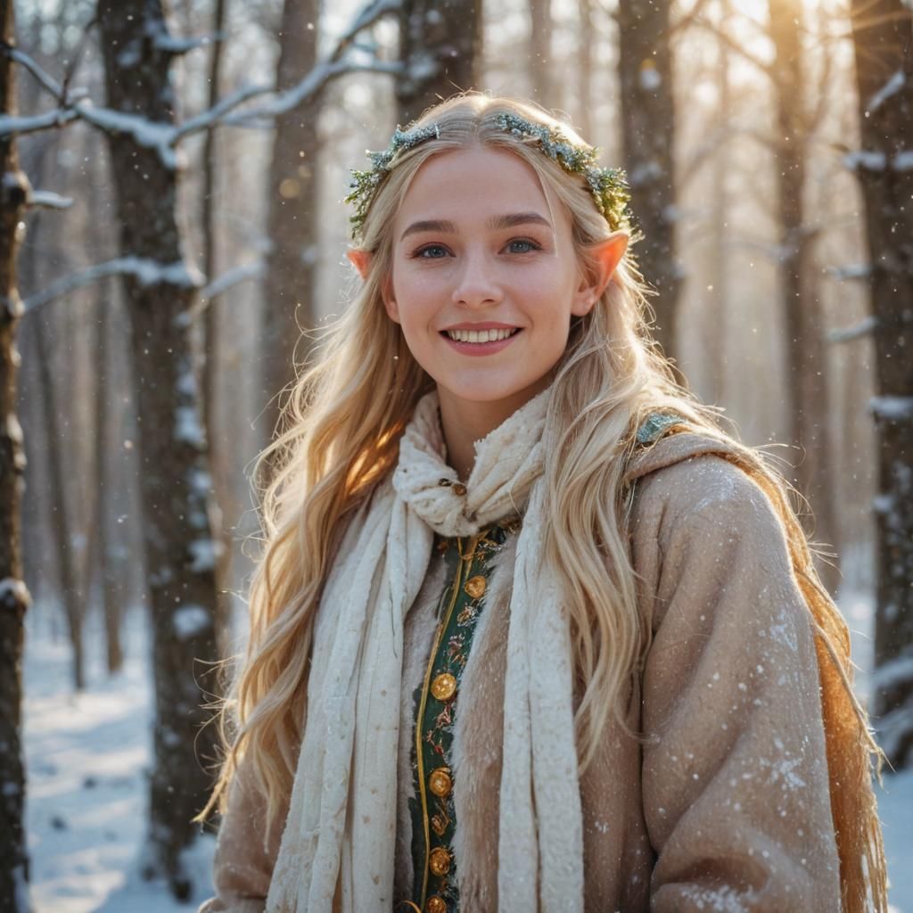 Happy Christmas Elf in Snowy Forest, Oil Painting