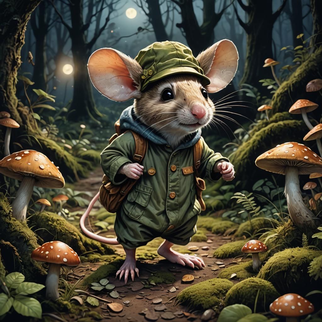 Mouse in Moonlight Forest: Hyper-Realistic Concept Art