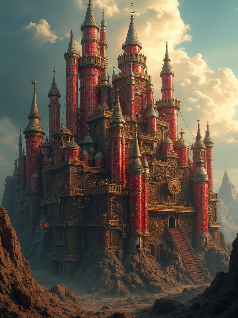 Epic Steampunk Castle Constructed from Coca Cola Cans in Hyp...