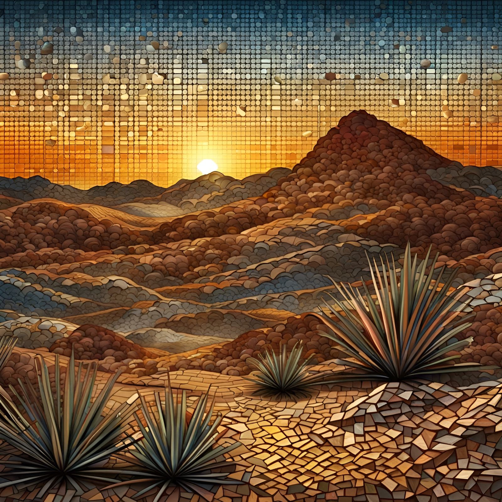 Metallic Mosaic Desert Sunset in Comic Art Style