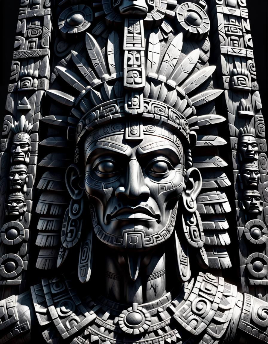 Aztec Mexica Giant Totem Charcoal Drawing