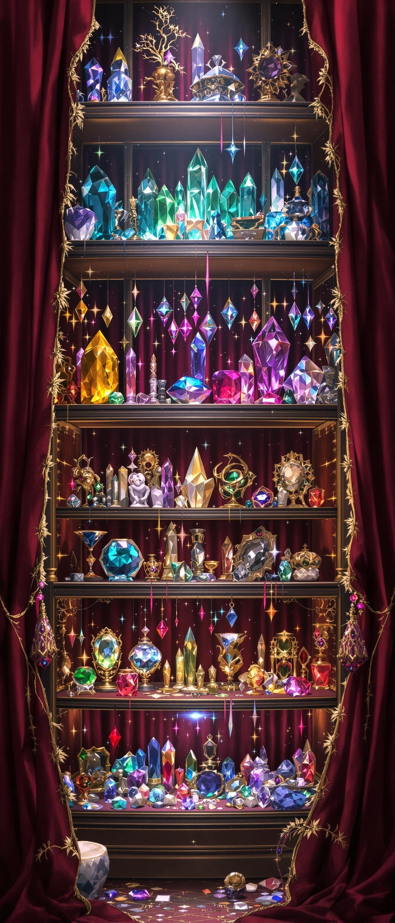 Hyperrealistic Shelves Overflowing with Crystals and Jewels