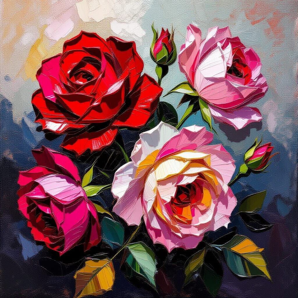 Impasto Oil Painting of Red Roses with Sculptural Petals