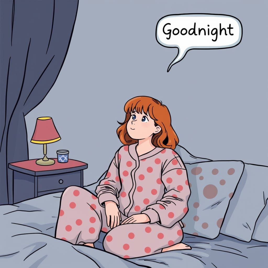 Ginger girl in pyjamas saying goodnight in a text balloon.