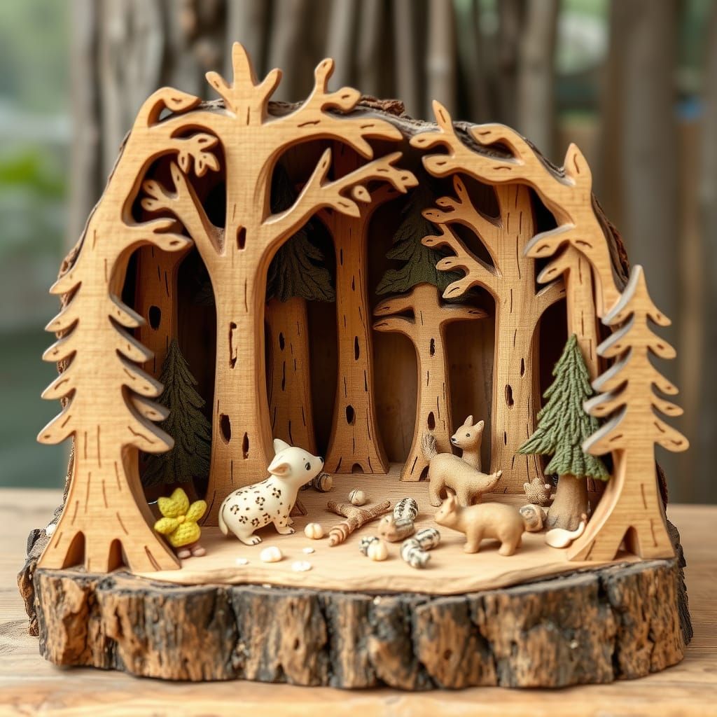 Hand Carved Wooden Forest Diorama