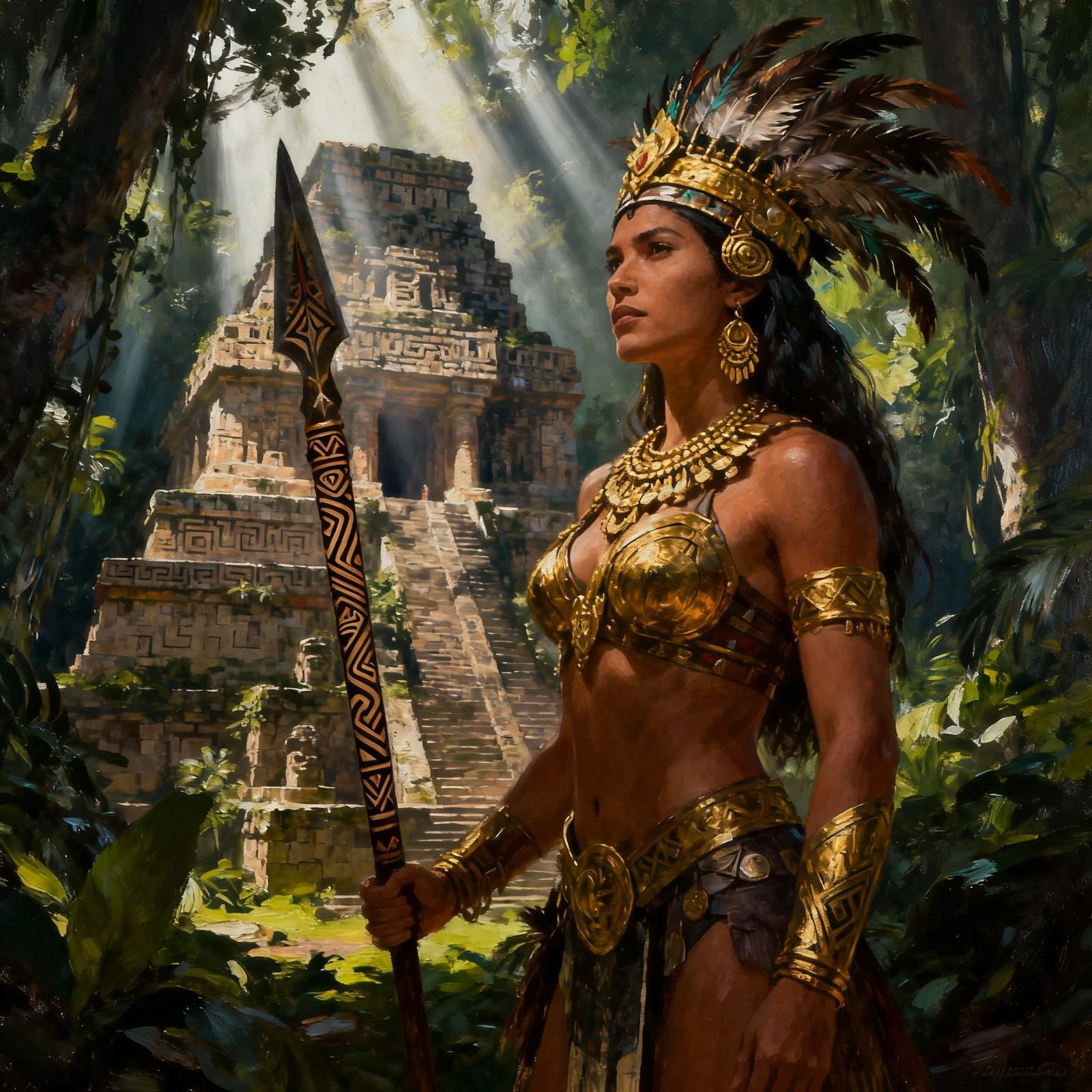 Amazon Queen Warrior in Jungle Temple, Impasto Oil Painting