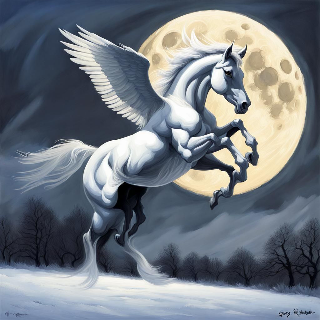 Winged Pegasus Soaring Past Sinister Moon