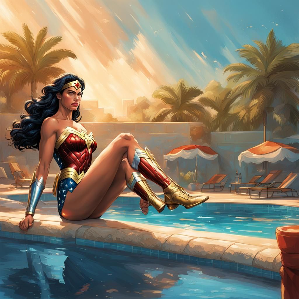 Wonder Woman Relaxing Poolside: Hyperrealistic Splash Art