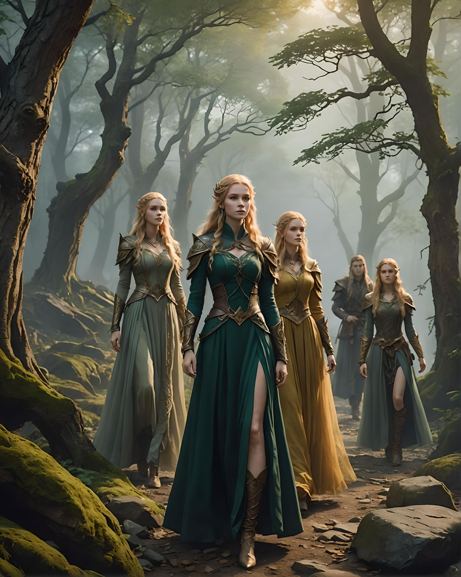 Elegant Elven Women in Ancient Forest, Anime Art