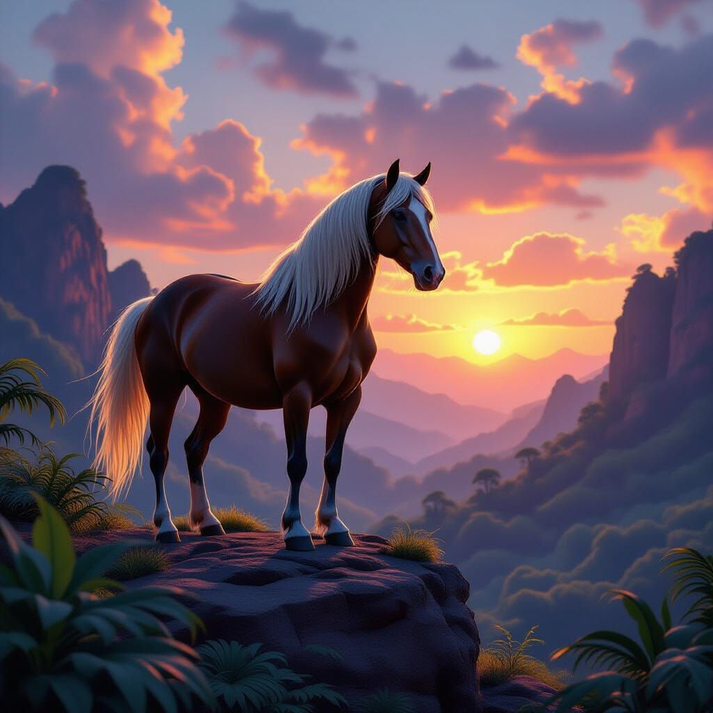 Majestic Horse on Alien Jungle Outcrop at Sunset