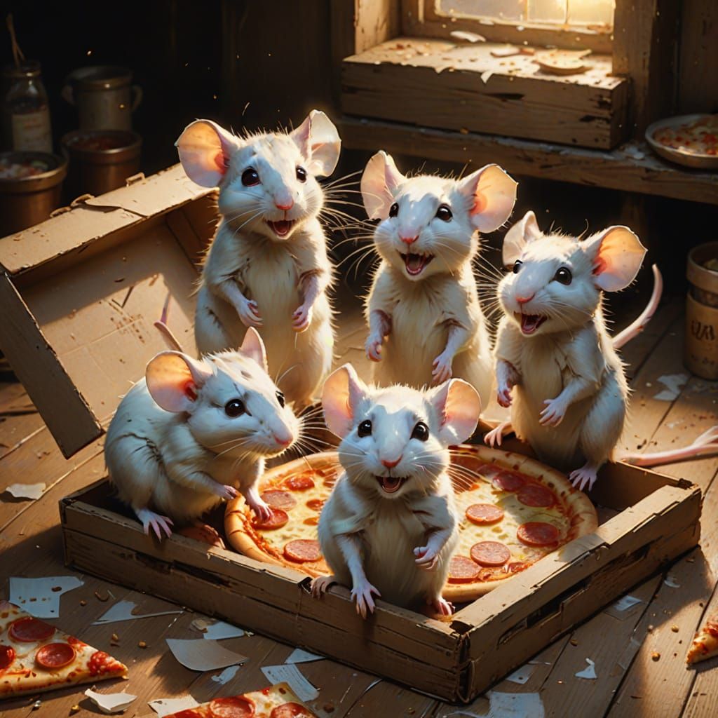 Mice Discover Pizza in Rustic Digital Painting