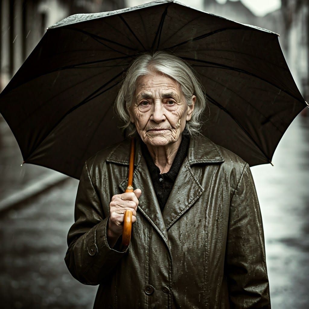 Elderly Woman in Rain-Soaked Coat, Holding Umbrella in Hyper...