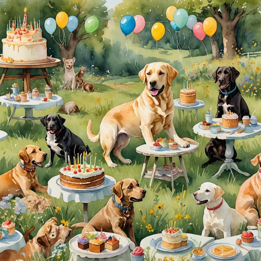 Labrador's Dreamy Birthday Party in Watercolor Style