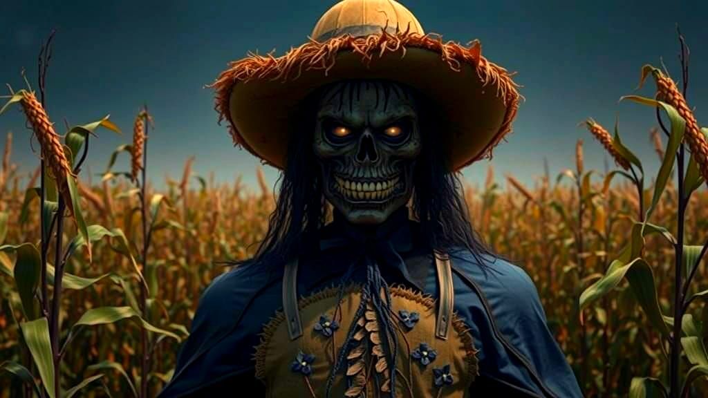 Horrific Scarecrow in Dimly Lit Cornfield
