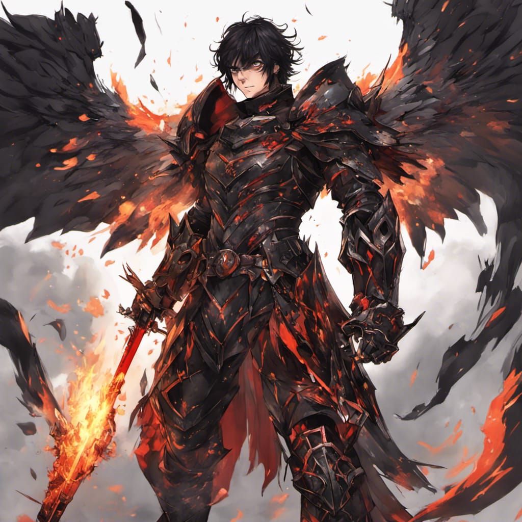 Fiery Knight with Phoenix Wings in Anime Style