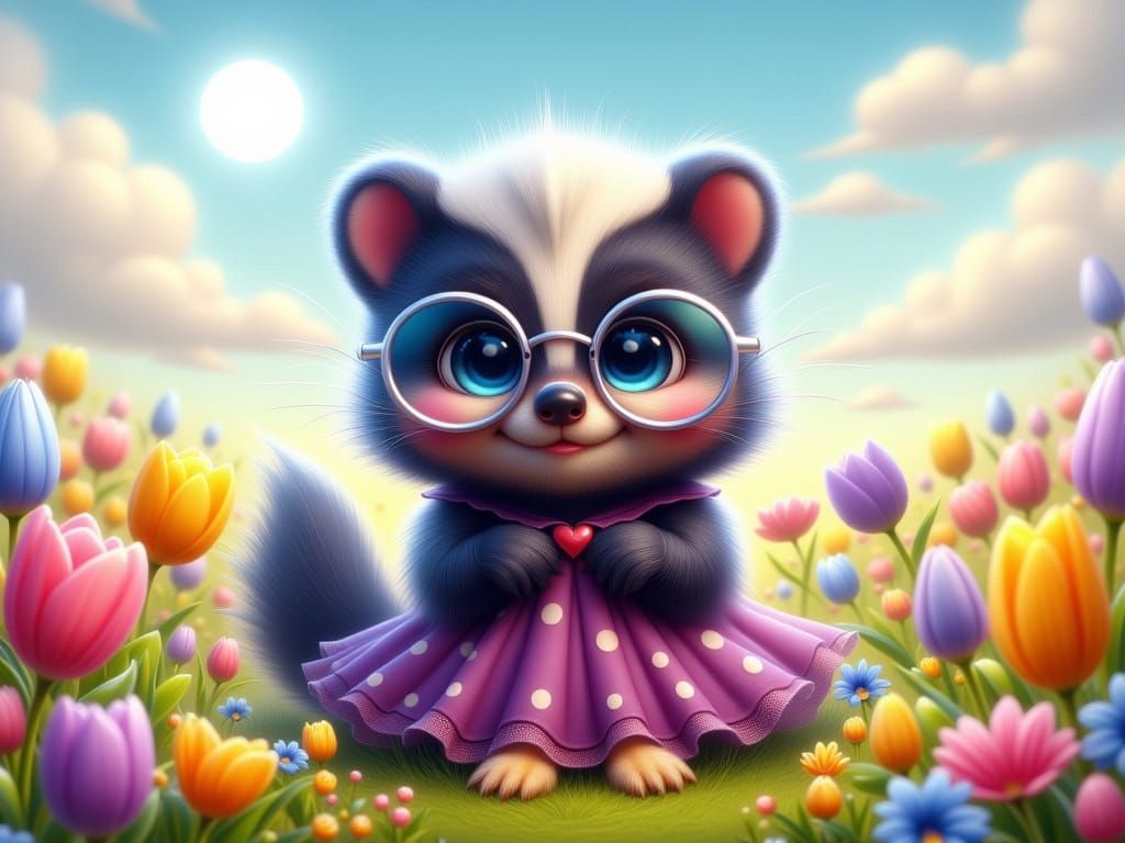 Whimsical Fantasy Skunk in a Field of Tulips