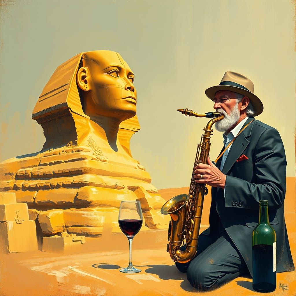 Egyptian Sphinx with Saxophone Player: Impressionist Style