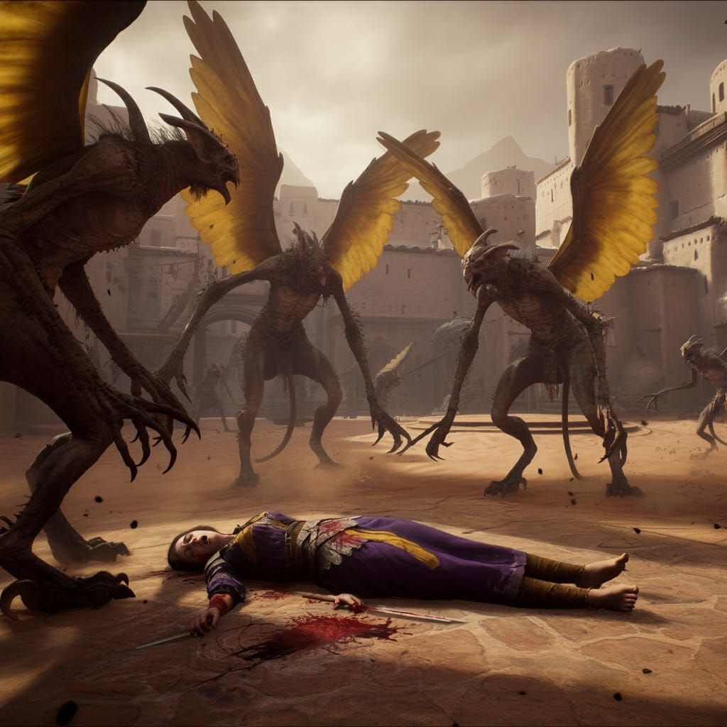 Wounded Medieval Woman in Desert Village