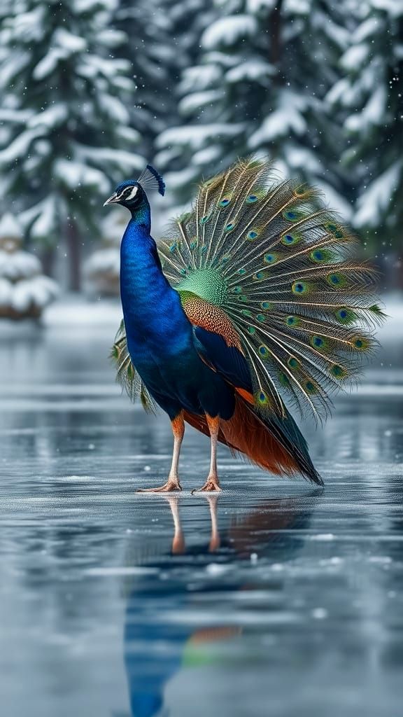 Majestic Peacock on Frozen Lake in Winter