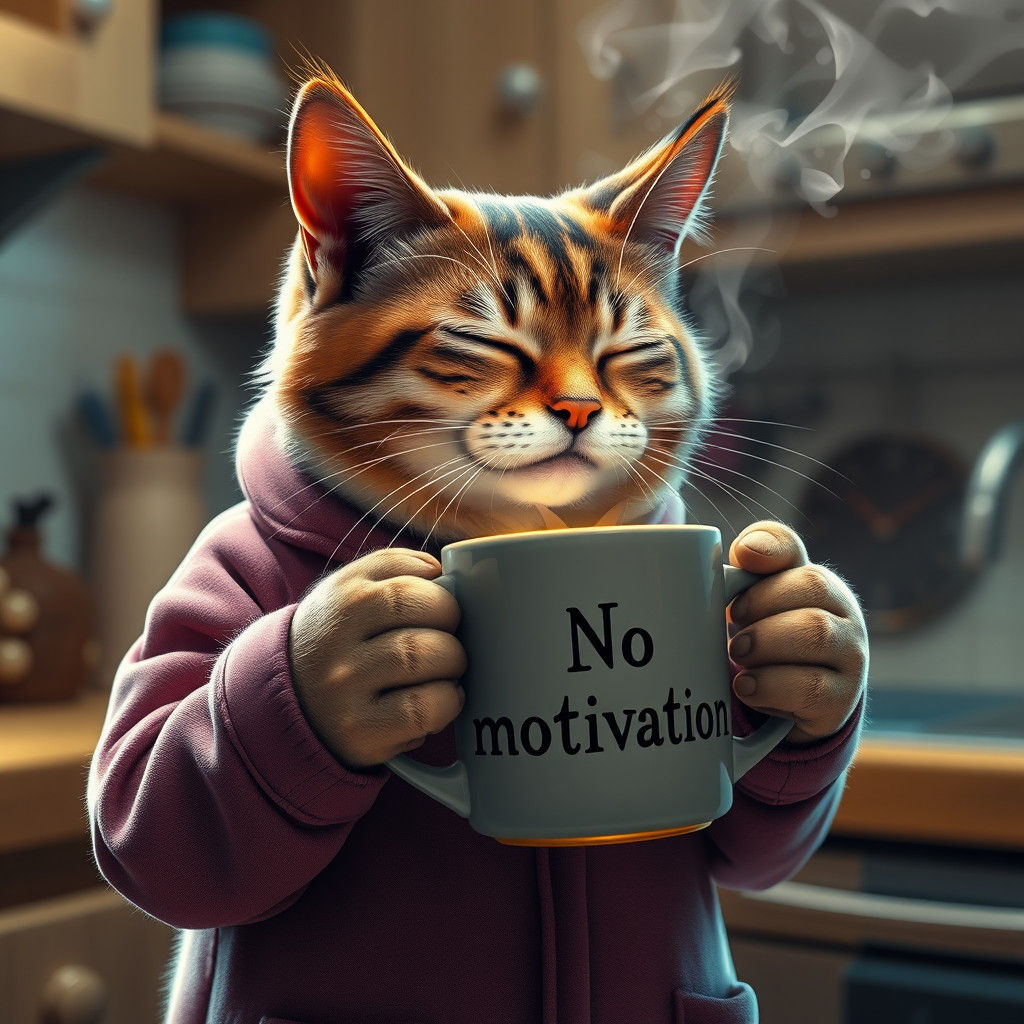 Sleepy Cat Drinks Coffee: Matte Painting Style