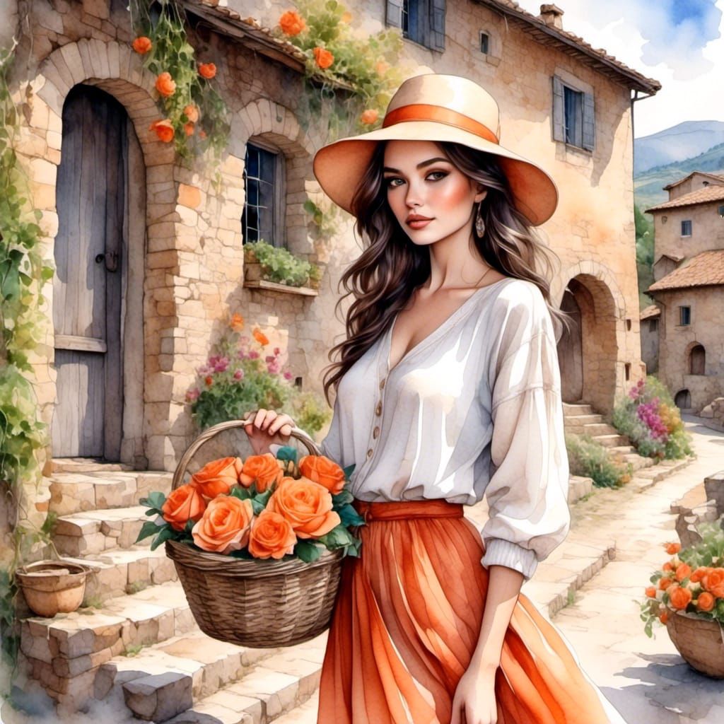 Woman with Flowers in Tuscany, as Watercolor