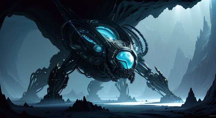 Biomechanical Astronaut in Crystalline Cave Concept Art