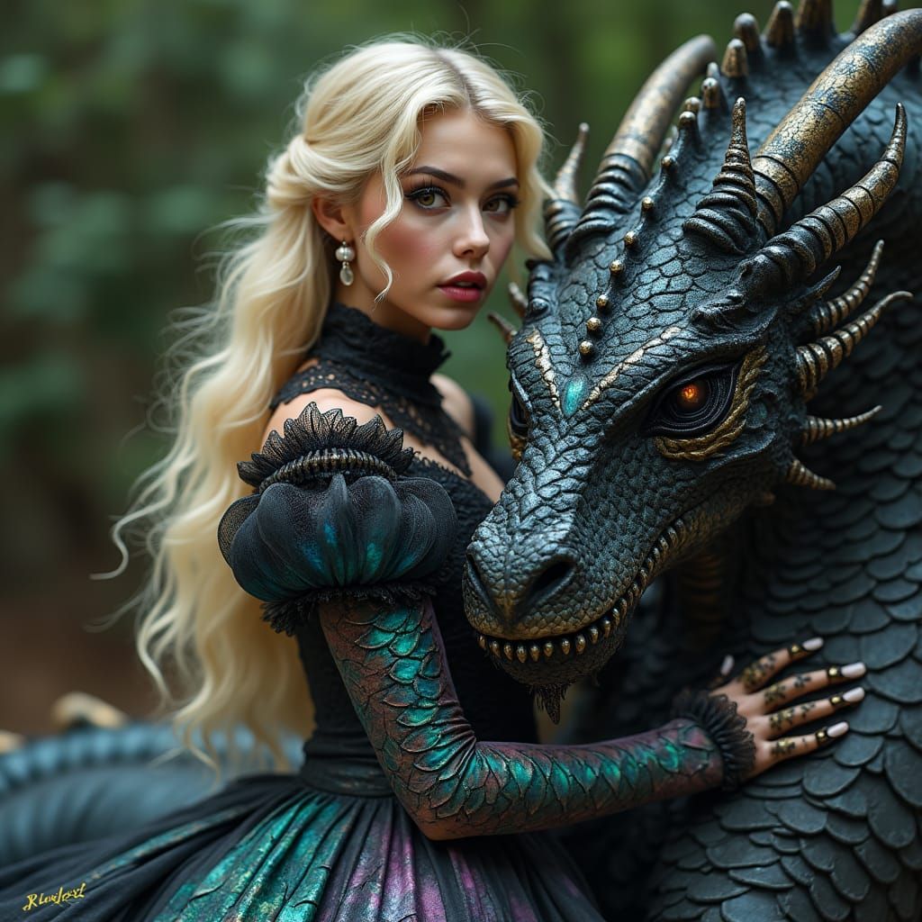 Victorian Woman Rides Dragon with Star Scales