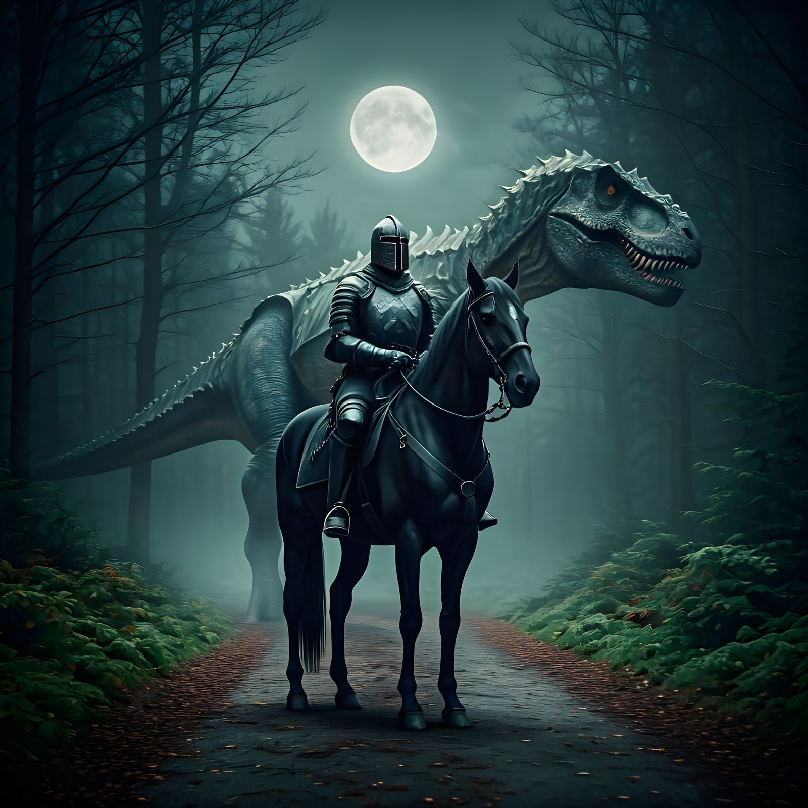 Medieval Knight and Armored Tyrannosaurus in Moonlight