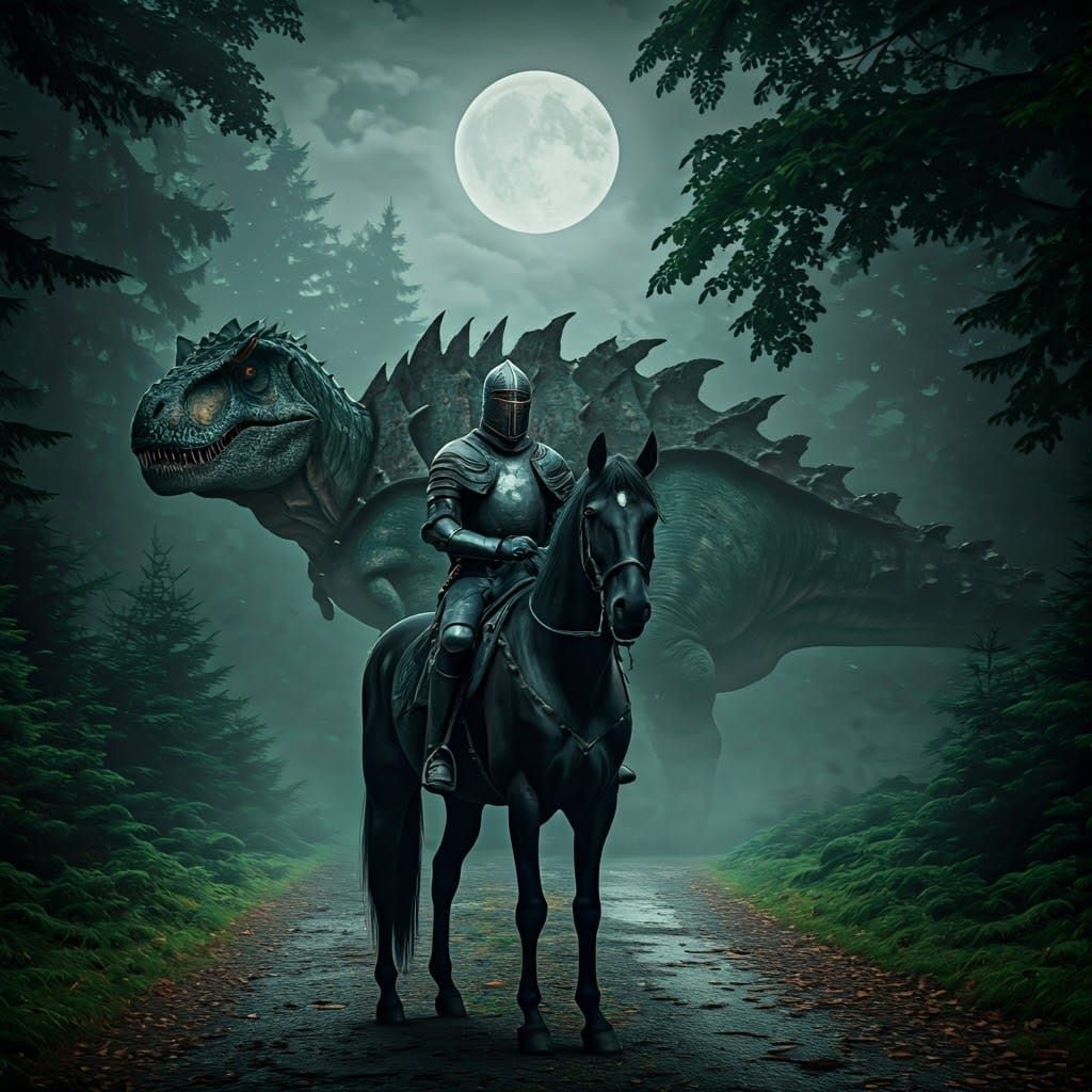 Medieval Knight on Horse with Armored Tyrannosaurus