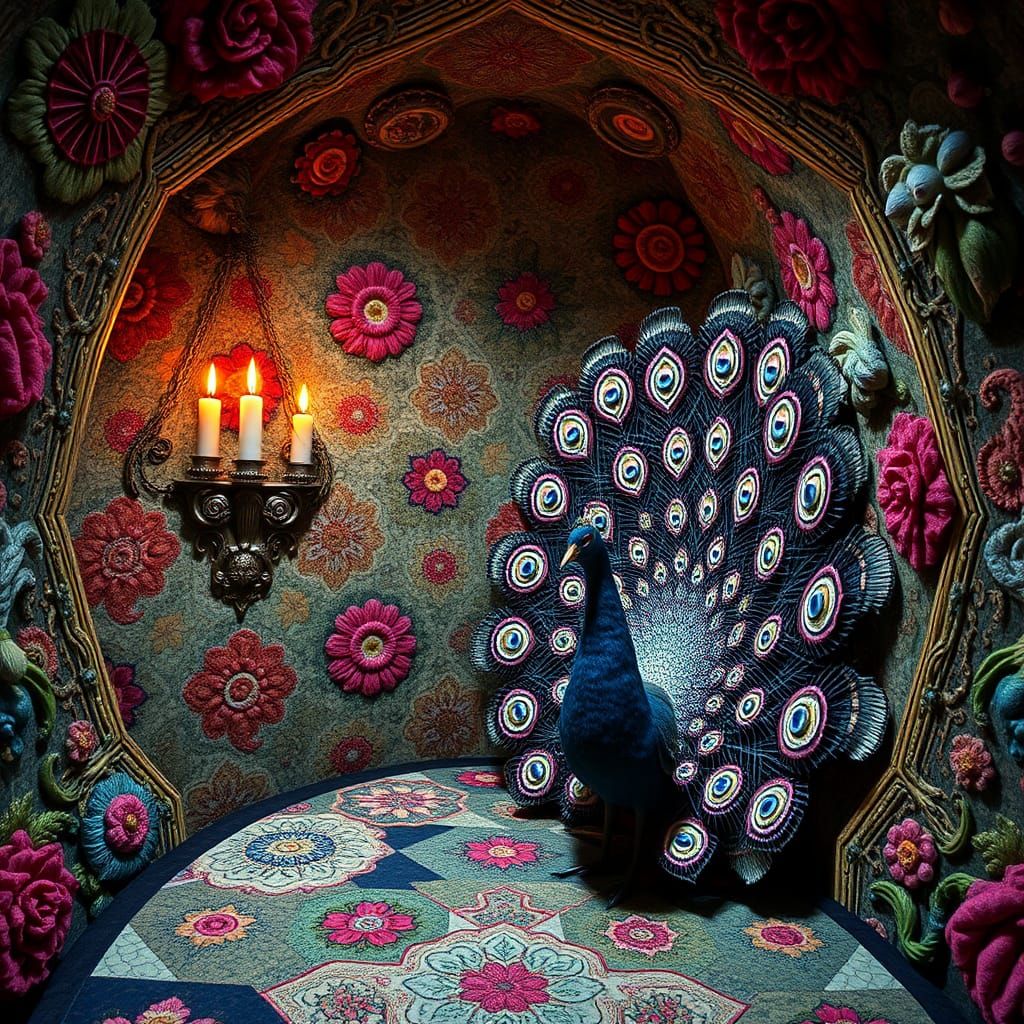 Hyperdetailed Steamnoir Peacock Creature in Patchwork Style