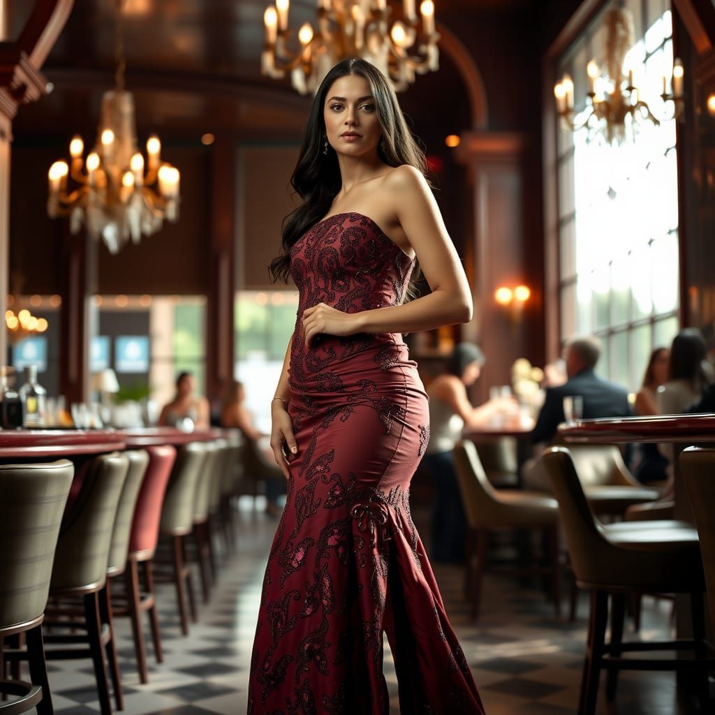 Elegant Woman in Beaded Gown at Upscale Bar