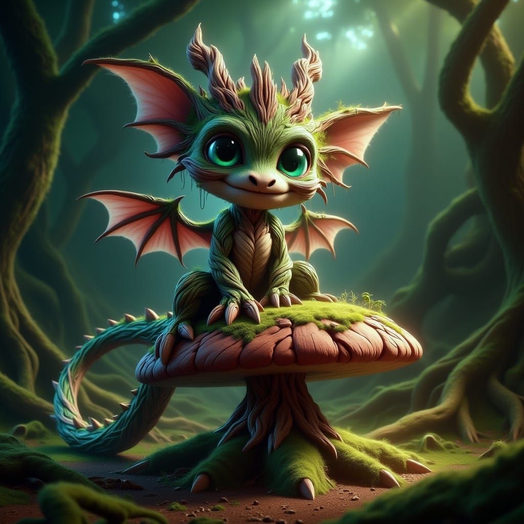 Cute Chibi Dragon on Bioluminescent Mushroom