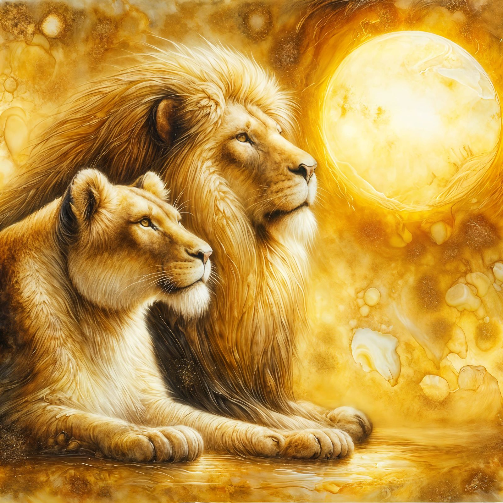 Lion Pair Under Golden Sun in Encaustic Style