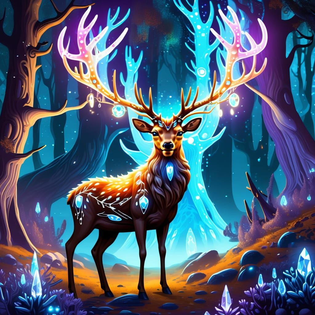 Bioluminescent Stag with Crystal Antlers on Alien Planet