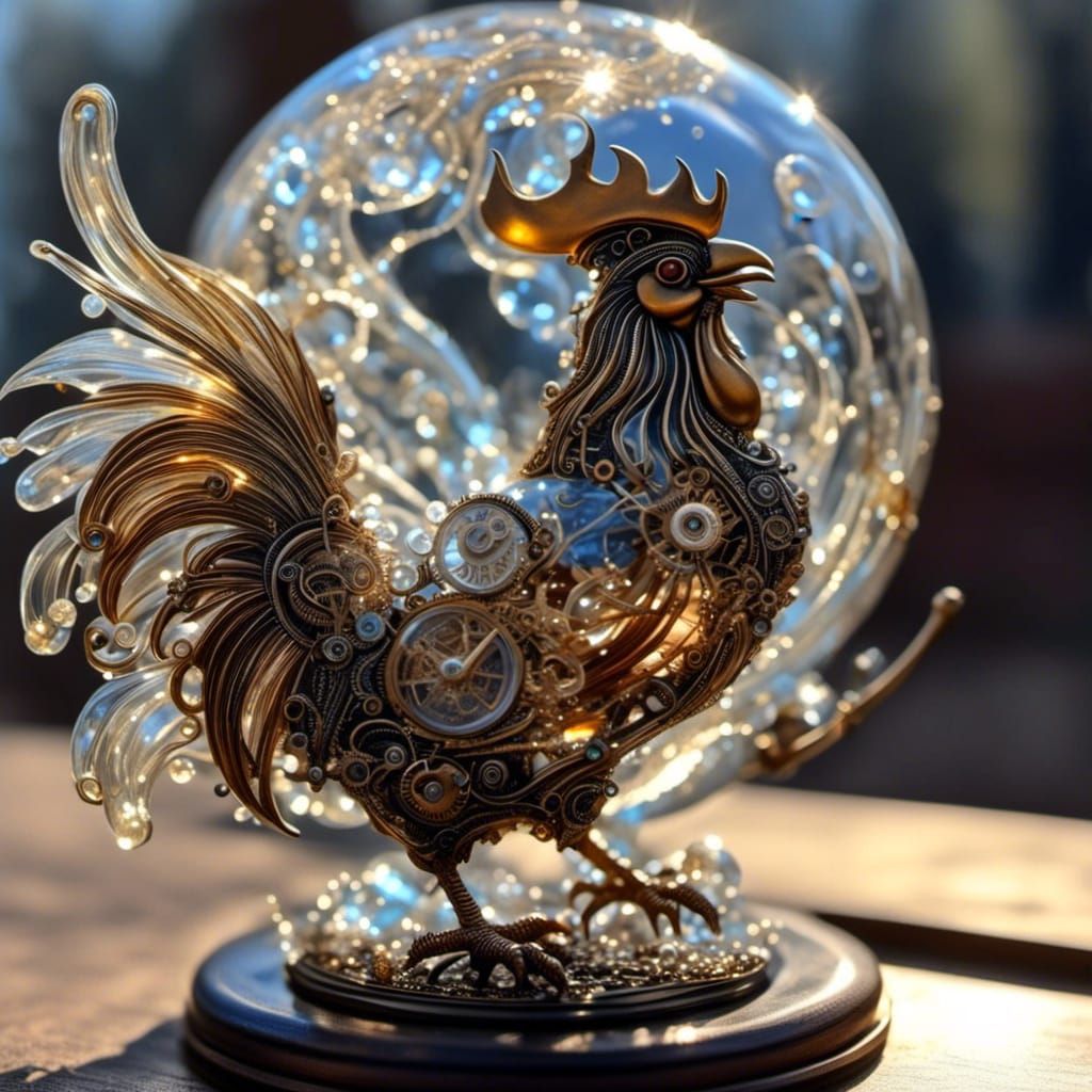 Exploding Glass Steampunk Rooster Tail in Hyperreal Detail