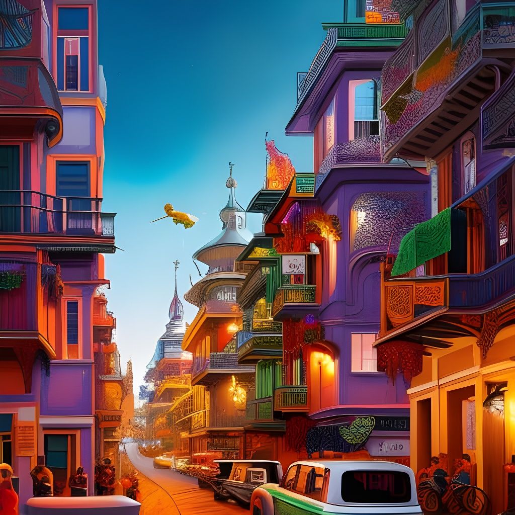 Mardi Gras Street Scene in Art Nouveau Style