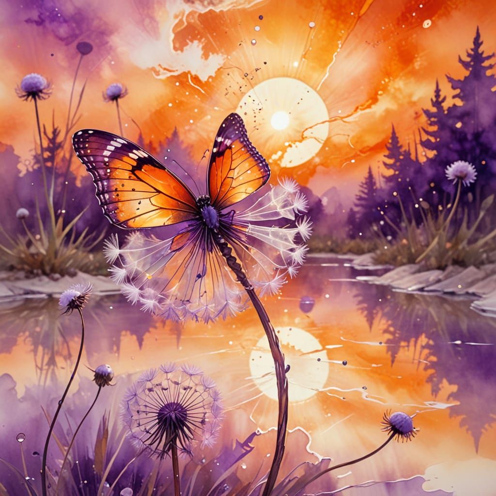 Ethereal Butterfly Dandelion Over Sunset, Watercolor Fantasy...