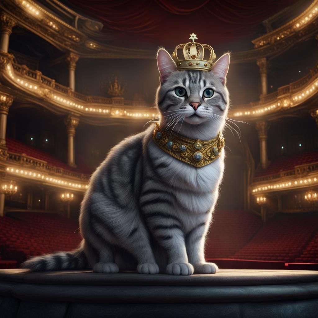 Grey Tabby Cat on Opera Stage: Fantasy Art