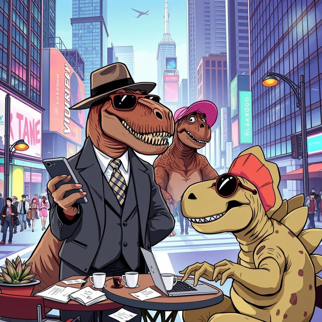 In a thriving metropolis, a dapper Tyrannosaurus Rex, donning a sleek fedora and designer shades, nonchalantly scrolls t...