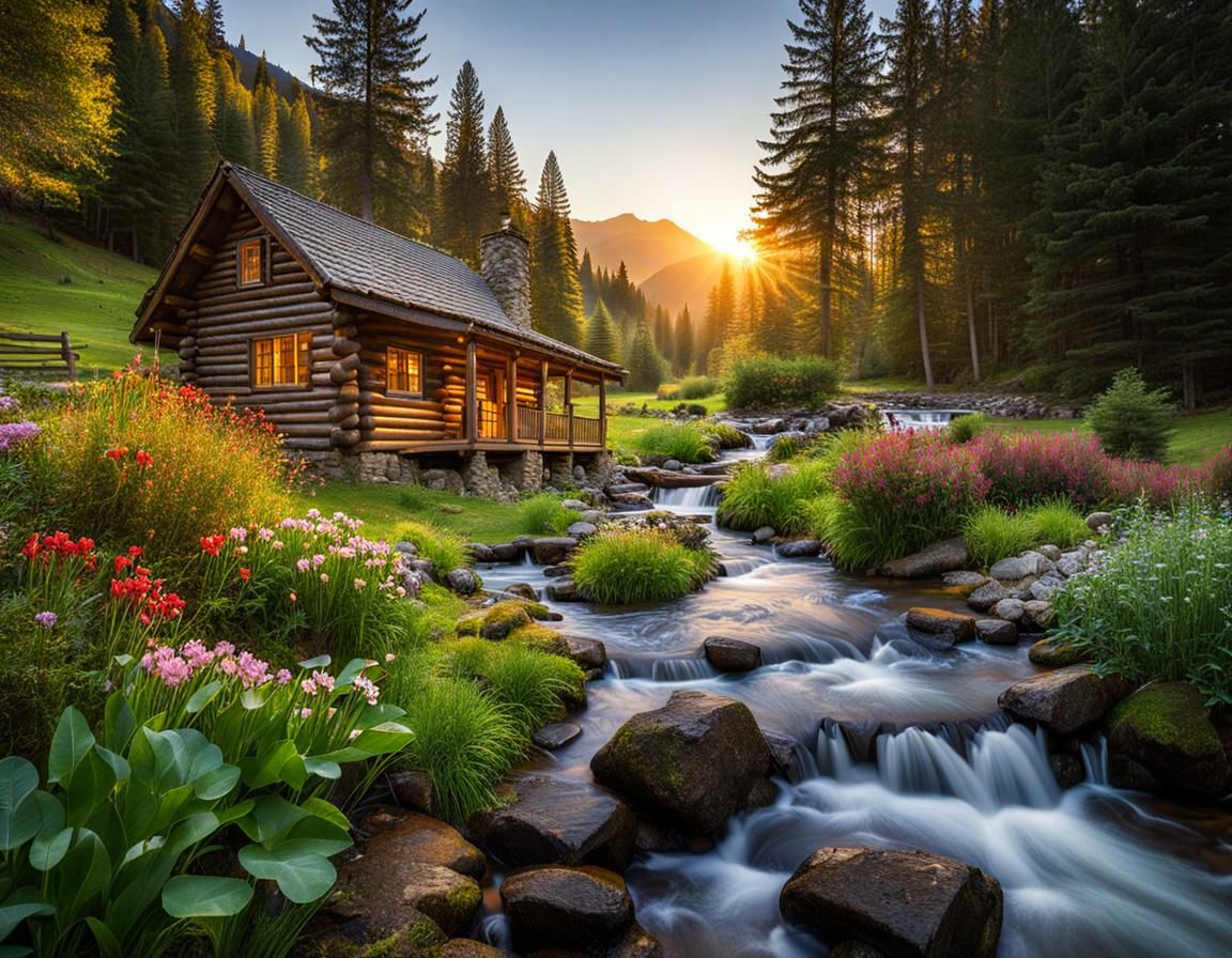 Log Cabin by Mountain Stream at Sunrise