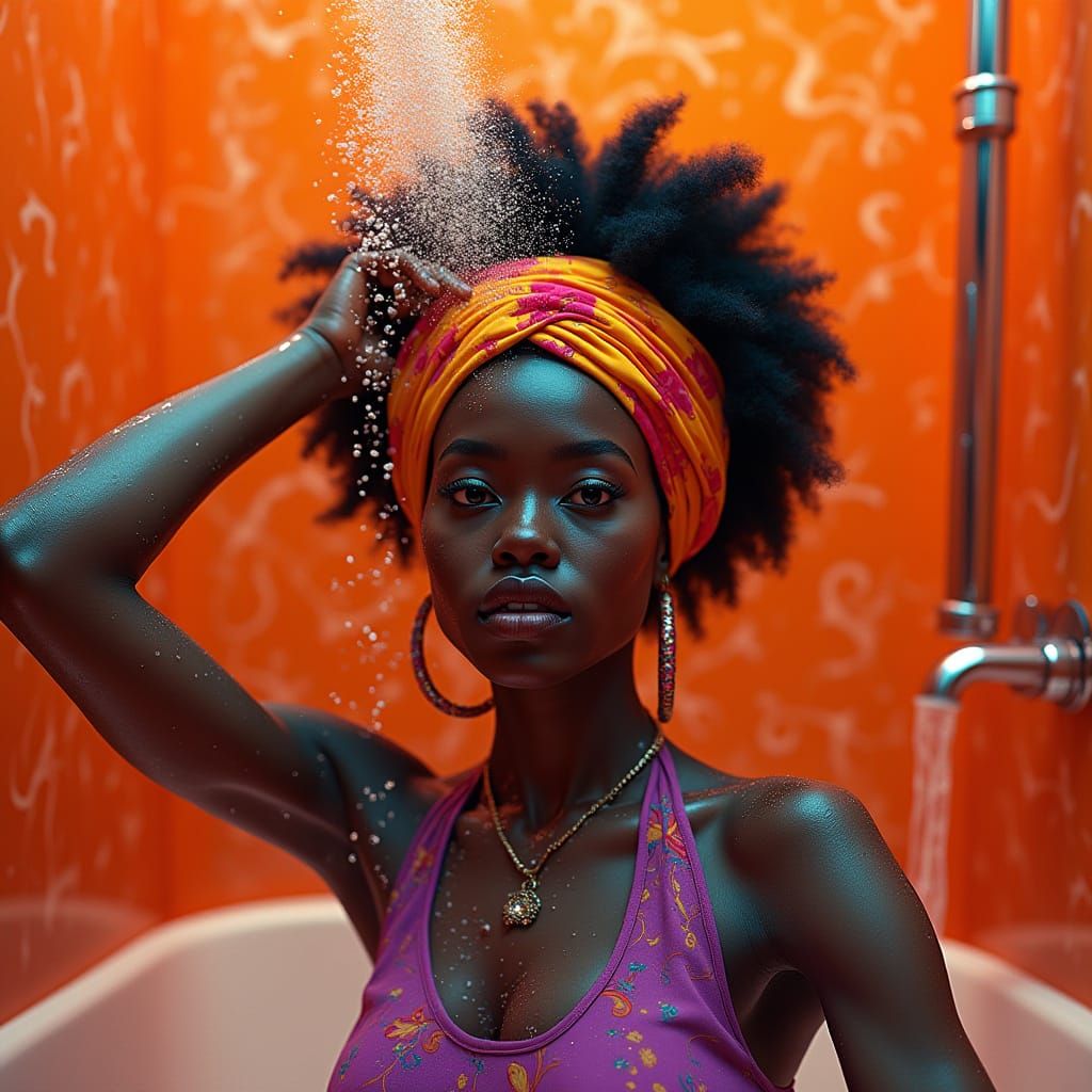 A bold pop art portrait of a black woman with washing her ha...