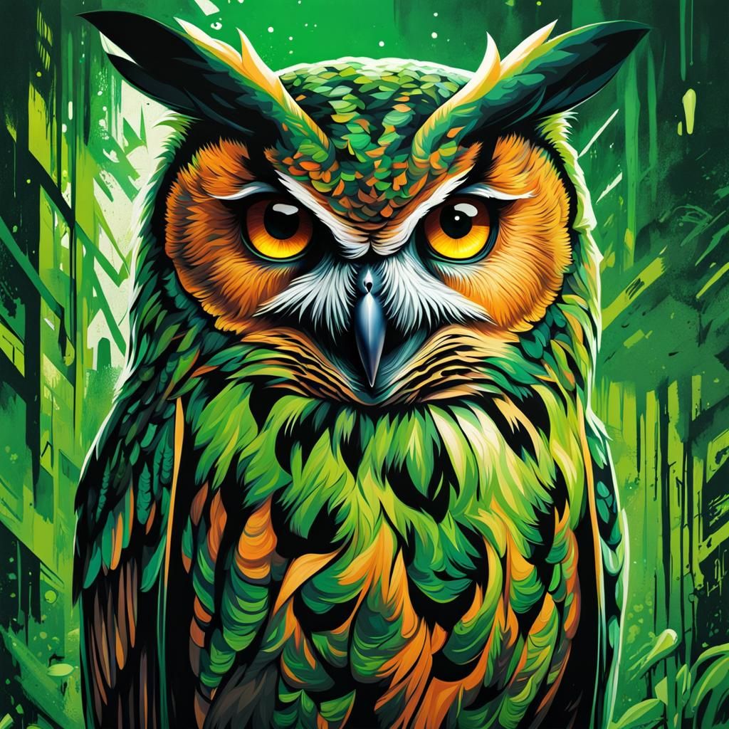 Giant Owl with Green Graffiti Art