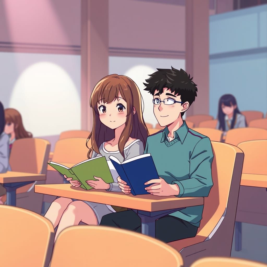 Adorable Anime Schoolgirl Studying with Boyfriend in Pastel-...