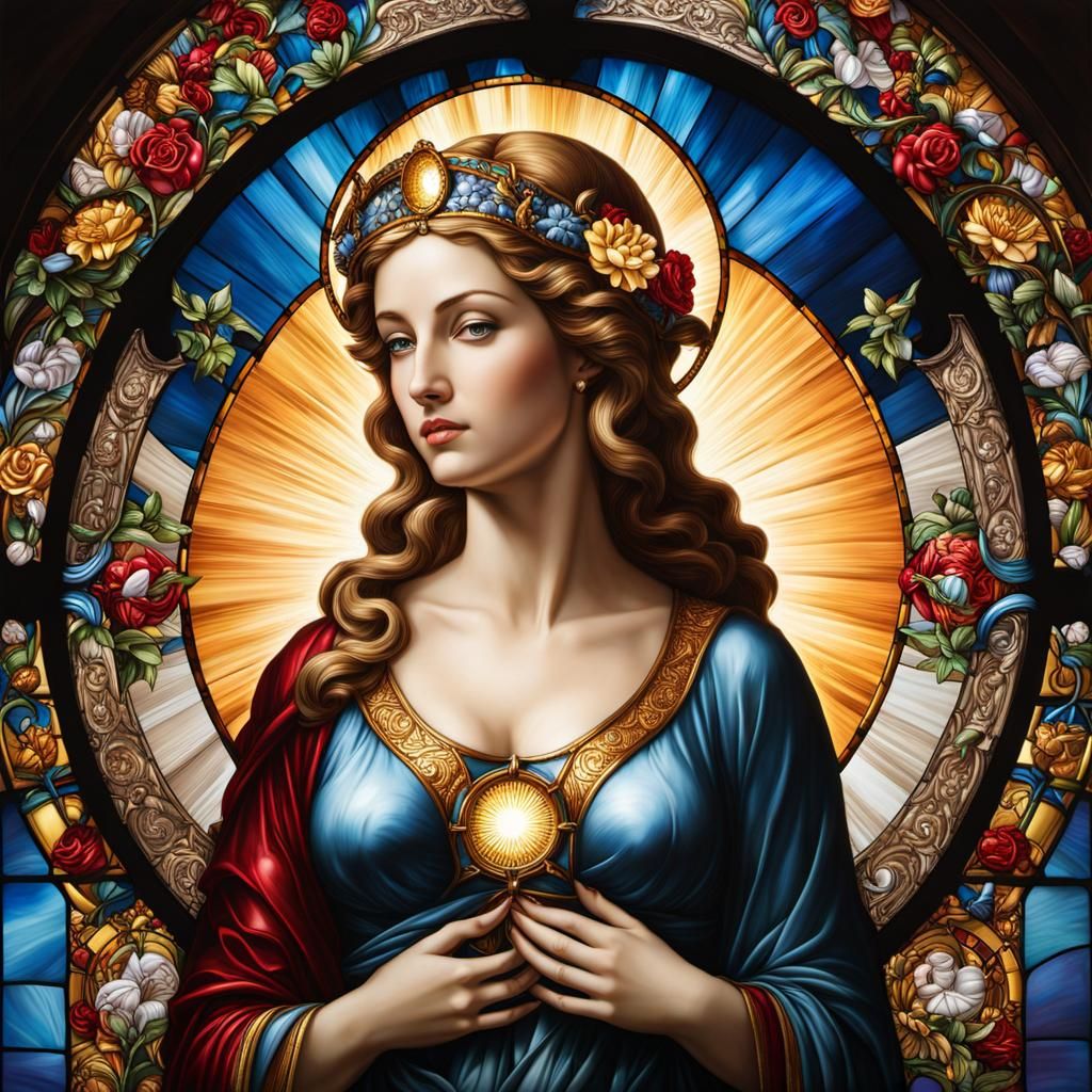 Stained Glass Aphrodite Amid Symbols of Love