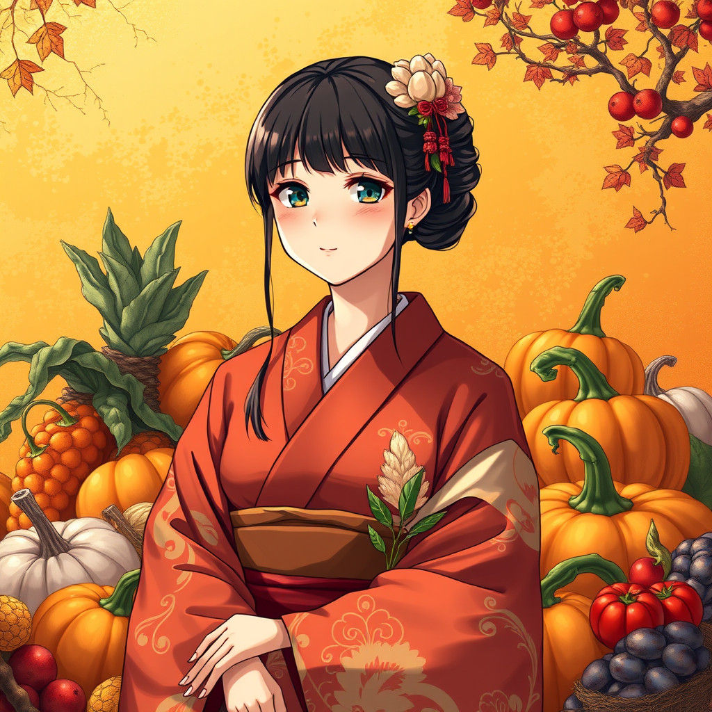 Anime Thanksgiving Kimono Harvest in Manga Style