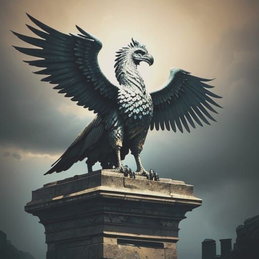 Surreal Griffin Statue Amidst Turbulent Stormy Skies