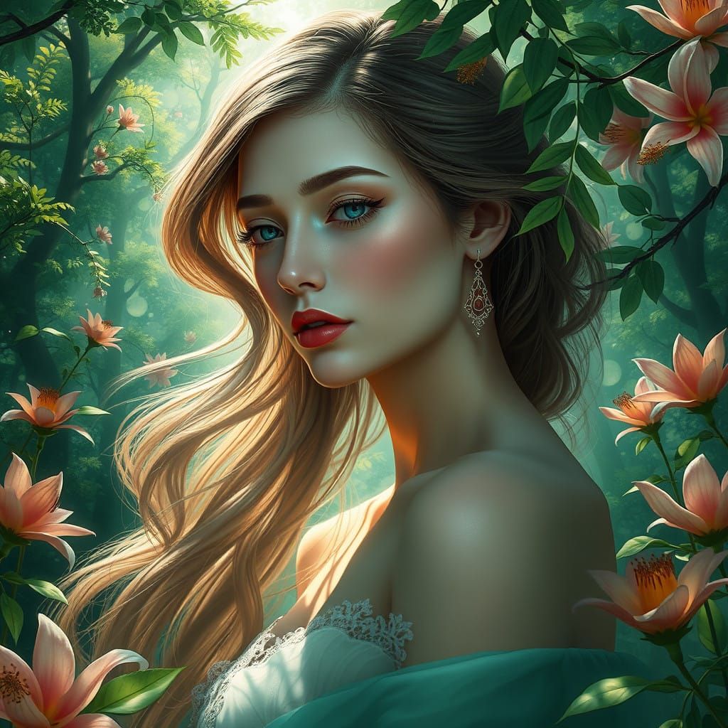 Ethereal Woman Amidst Enchanted Forest in Dreamlike, Matte P...